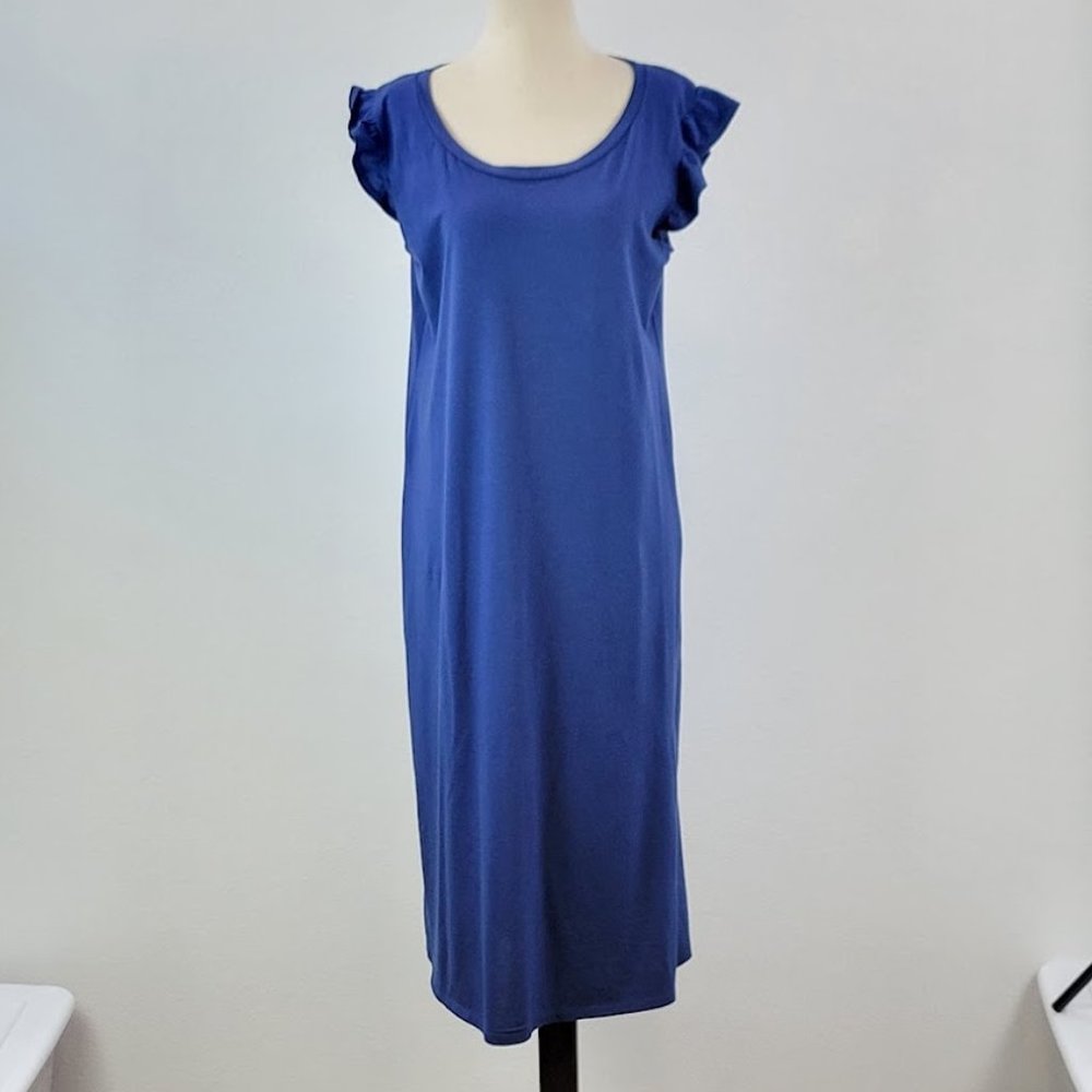 DUAL NATURE ruffle sleeveless shift midi dress blue Sz M NEW